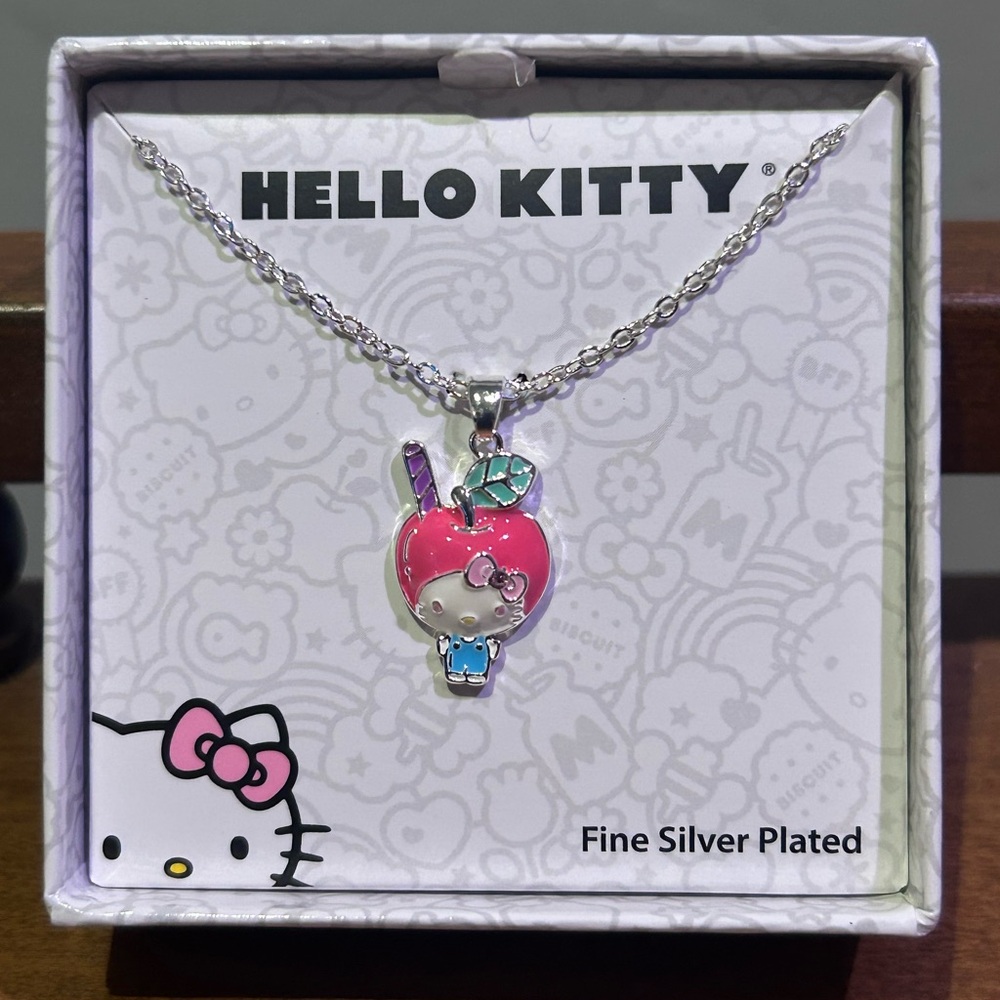 Hello Kitty Fine Silver Plated Enamel Apple Head Pendant Necklace By Sanrio NWTS